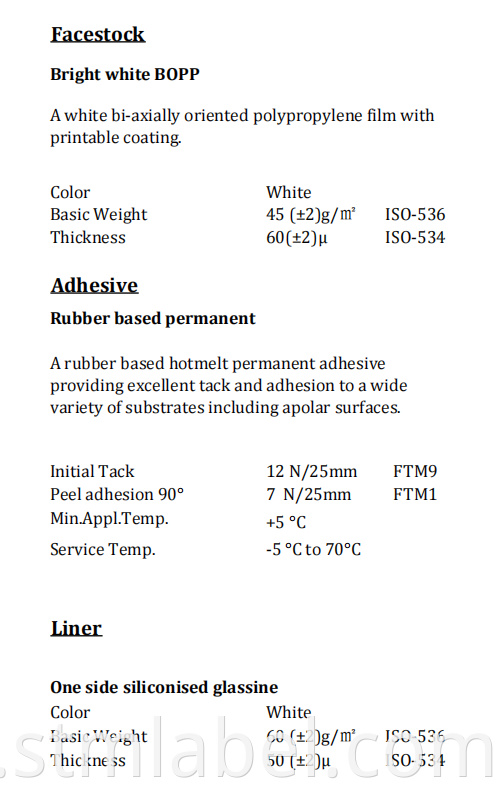 Ha18qe2722 Bright White Bopp Tc Rubber Based Permanent White Glassine